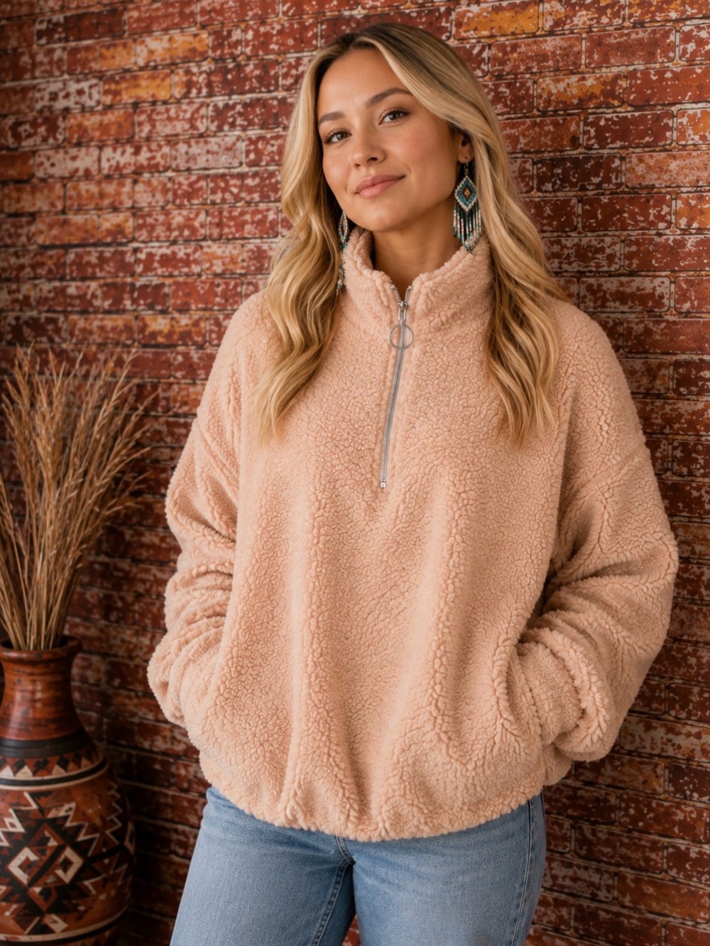 Ambiance Outerwear Pink Sherpa Teddy Quarter Zip Long Sleeve Pullover Ja…